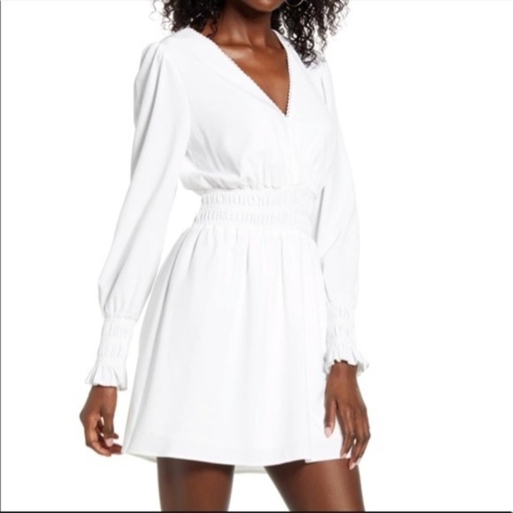NWT WAYF Delancy Ivory Smocked Waist Long Sleeve Mini Dress - Size Medium‎